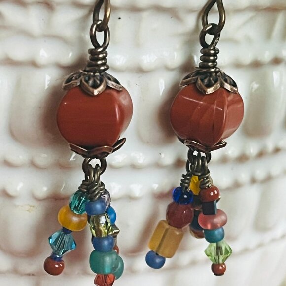 Red Jasper and Multicolor Boho Earrings, Colorful Beads Dangles, Wire Wrapped Ge - Picture 2 of 7
